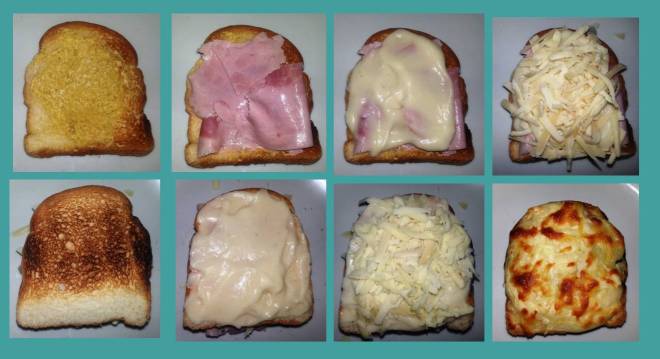 Todas as fases da montagem do Croque-monsieur, e a última imagem é ele já assado! 