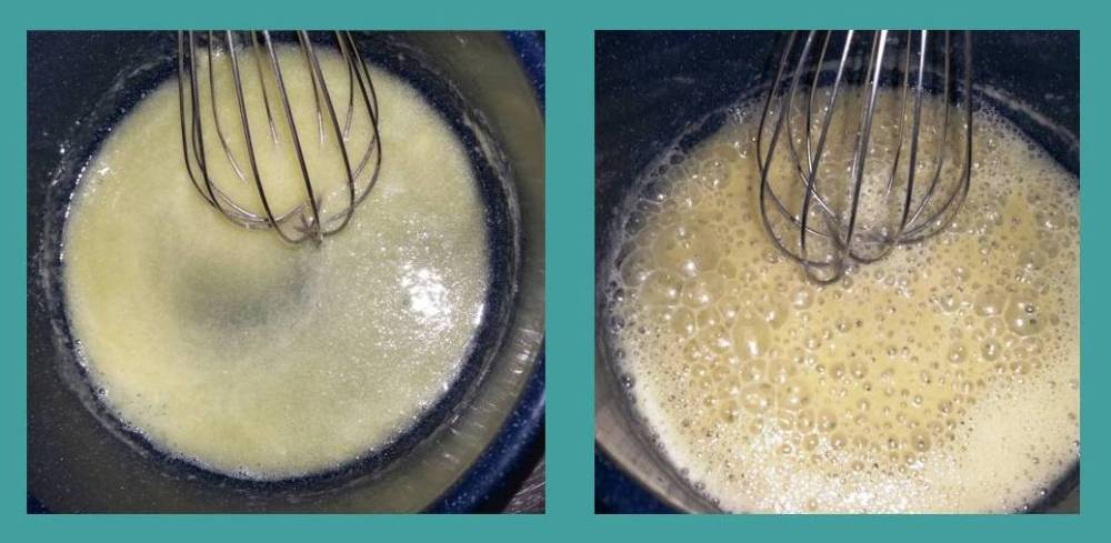 Quando estiver igual a segunda imagem é hora de colocar o leite e demais ingredientes!