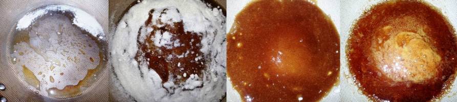 As fases do preparo do caramelo. As duas primeiras imagens são do processo de derretimento por camadas graduais, conforme explicaod na receita. A penúltima imagem é o açúcar já todo derretido, e a última imagem é já depois de por a água. Tente deixar o seu caramelo sempre perto dessa cor, se ficar muito escuro fica amargo. 