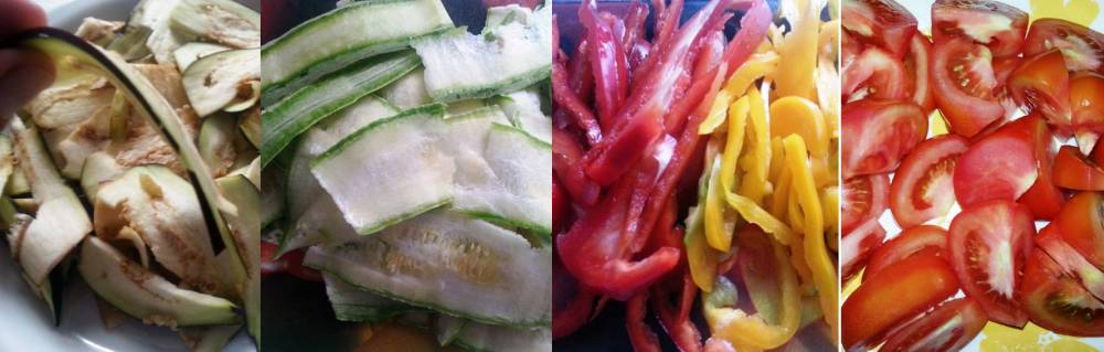 Os legumes cortados.